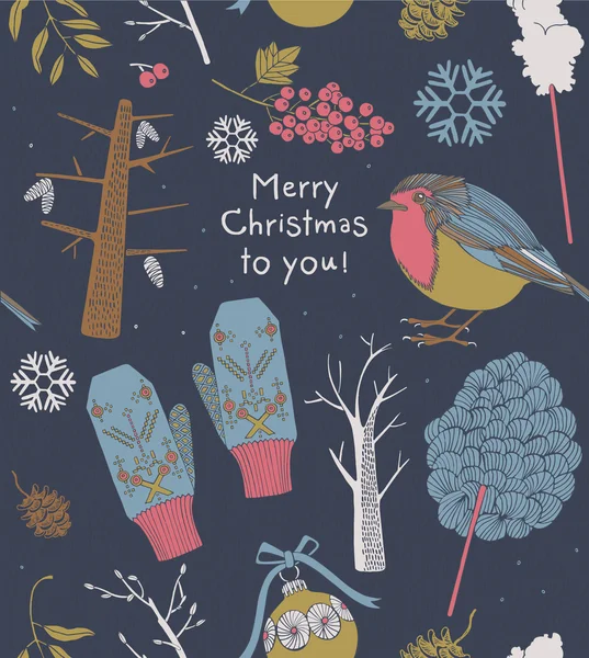Karácsonyi üdvözlőlap téli fák és madarak Vektor Grafikák