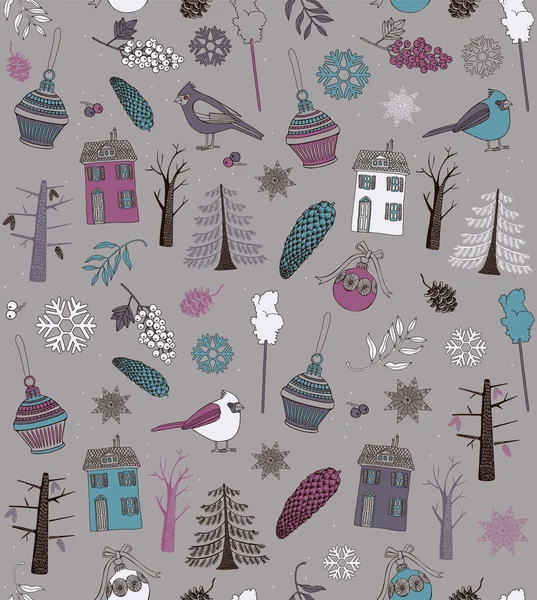 Karácsonyi üdvözlőlap téli fák és madarak Stock Illusztrációk