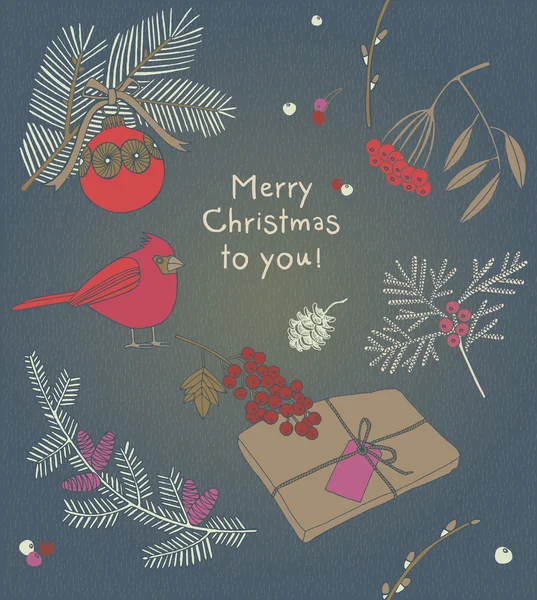 Χριστούγεννα ευχετήριας κάρτας. Πουλιά και τα δέντρα του χειμώνα. Εικονογράφηση Αρχείου