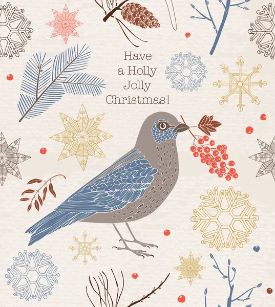 Vintage Noel kartı. Kuş ve çilek.