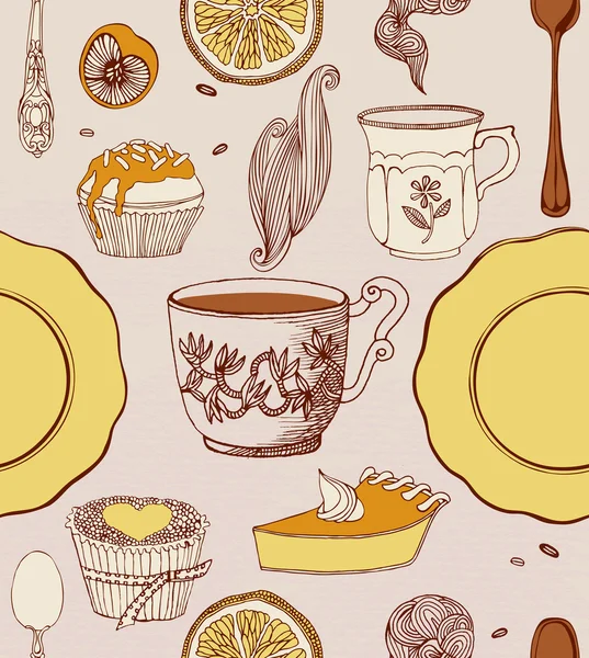 Cakejes en thee. Cartoon lekkere snoepjes. — Stockvector