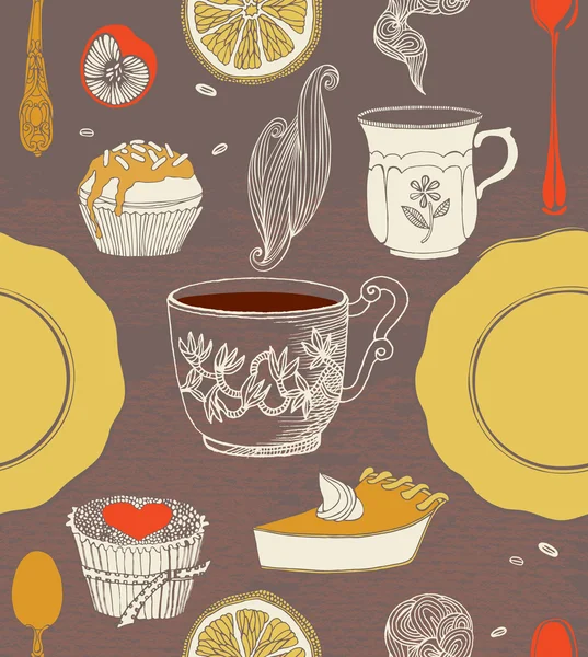 Kek ve çay. Karikatür lezzetli tatlılar.