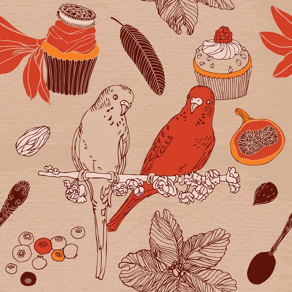 熱帯のモチーフ。甘いカップケーキ、オウムと花. — ストックベクタ