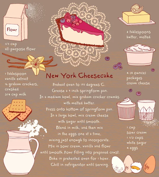 Cheesecake. Receptkaart. Vectorillustratie van voedingsmiddelen en nieuwe voedselingrediënten — Stockvector