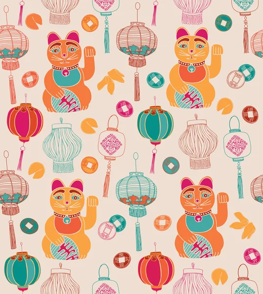 Çin yeni yıl kartı, fenerler ve şanslı kedi.