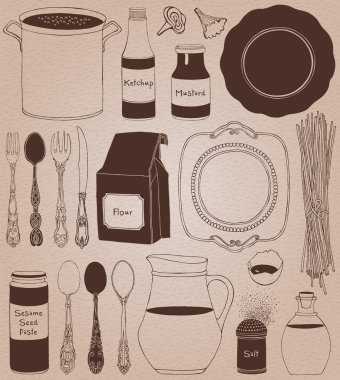 Mutfak gereçleri ve gıda. Tencere, ev pişirme arka plan.  