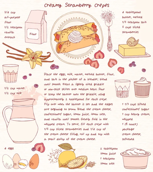 Carte de recette. Crêpes crémeuses aux fraises . — Image vectorielle