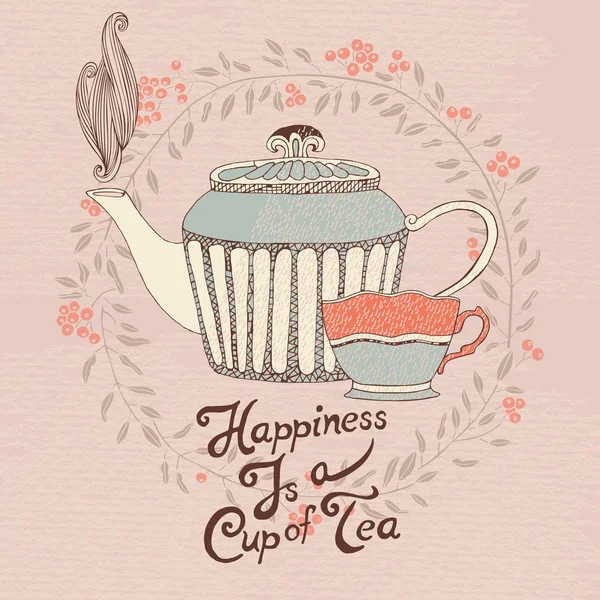 Uitnodigingskaart met een kopje thee en theepot. Vector. — Stockvector