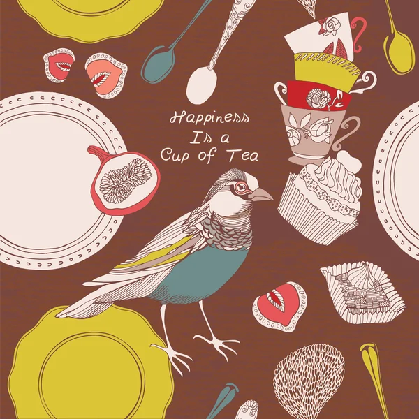 Card with cups, bird and sweets in vintage style. — Stock Vector