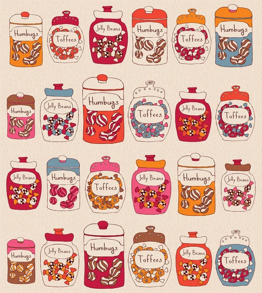 Candies in glass jars. Seamless pattern. — Stock Vector