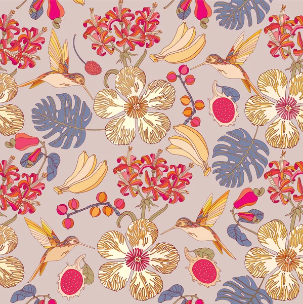 Muz ile dikişsiz tropikal çiçekler. 