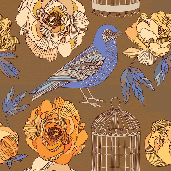 Птица и цветущие розы — стоковый вектор