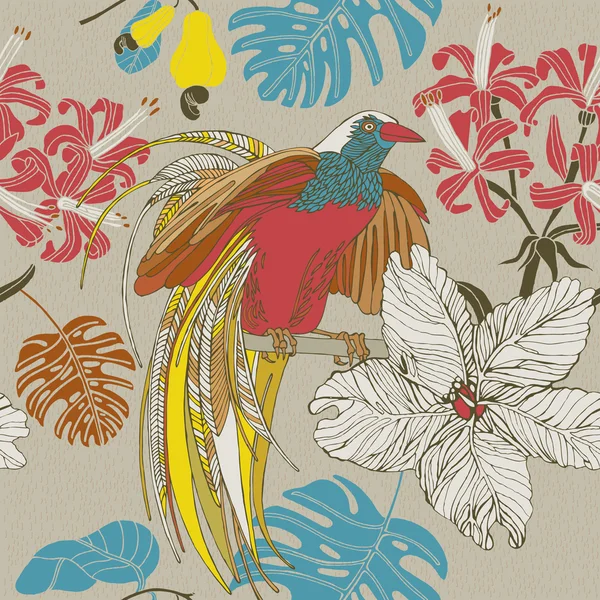 El çizmek tropik çiçekler ve kuşlar.