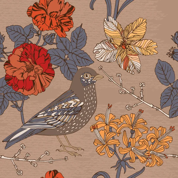 Vector illustratie van een vogel en bloeiende bloemen. — Stockvector