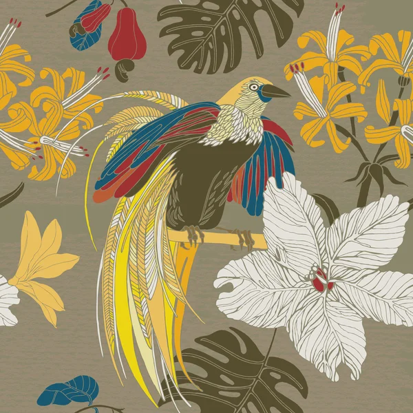 Mano dibujar flores tropicales y aves . — Archivo Imágenes Vectoriales