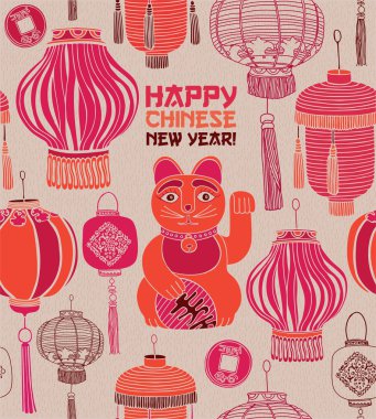 Çin yeni yıl kartı, fenerler ve şanslı kedi.