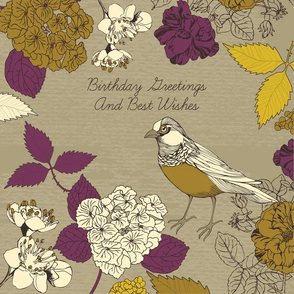 Bir kuşun ve çiçek açan çiçeklerin vektör çizimi.