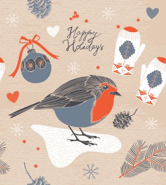 Vintage Christmas card. Christmas decoration with bird clipart
