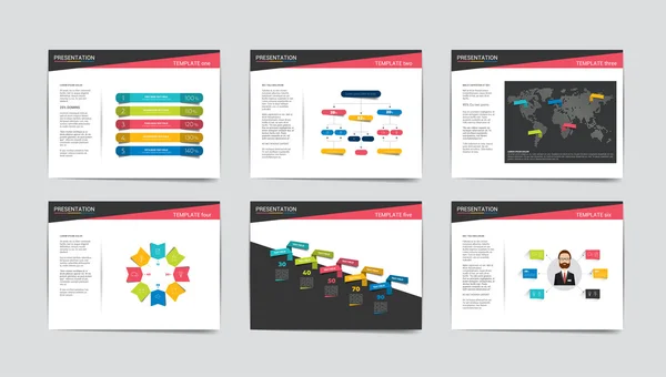 6 šablony obchodních prezentací. Infografika pro leták, plakát, snímek, časopis, kniha, brožury, webové stránky, tisk. — Stockový vektor