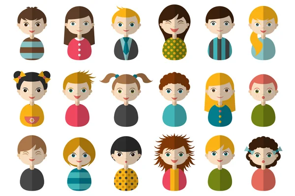 Big set of different avatars of children. Boys and girls on a white background. Minimalistic flat modern icon set portraits. Vector illustration — Stok Vektör