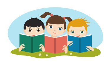 Little cute group of three children reading a books sitting on the grass. Flat vector.