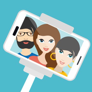 Üç arkadaş yaz selfie fotoğraf yapma. Vektör karikatür çizim.