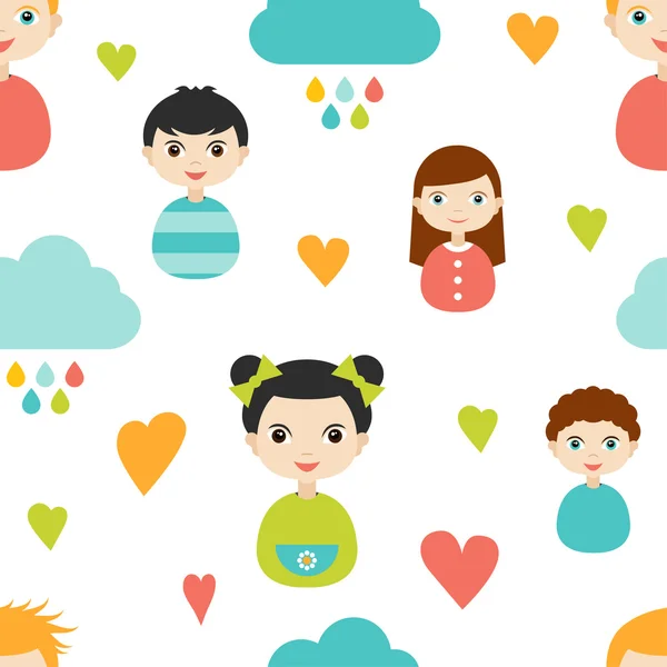 Kids wall paper pattern. Color children smiling faces with heart and clouds. — Stock Vector