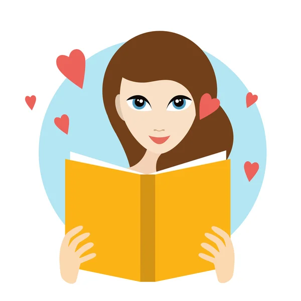 Teanager girl reading a love romance book. Flat vector. — Stock Vector