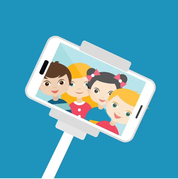 Niños haciendo fotos de selfies. Dibujos animados vectoriales ilustración . — Vector de stock