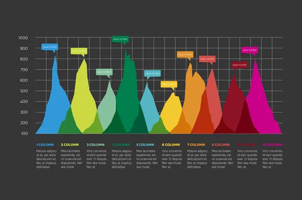 Gráfico, gráfico. Gráfico de área de diseño para infografía aislada en negro . — Vector de stock