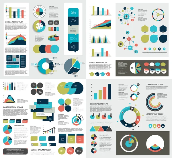 Mega verzameling van infographics elementen grafieken, grafieken, cirkel grafieken, diagrammen, tekstballonnen. Vlakke en 3D-ontwerp. Vector. — Stockvector