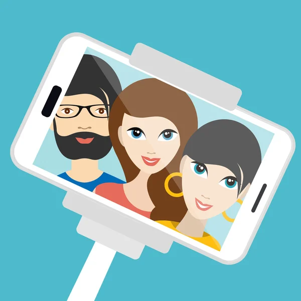 Tiga teman membuat foto selfie musim panas. Ilustrasi kartun vektor  . Stok Ilustrasi Bebas Royalti