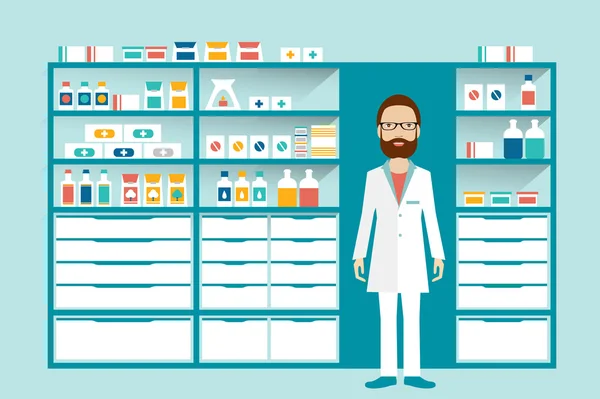 Hombre farmacéutico en una farmacia, farmacia. Estantes con medicinas, cura, pastillas. Vector plano . — Archivo Imágenes Vectoriales