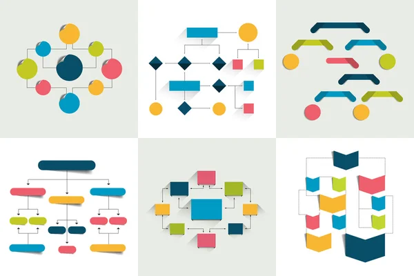 Folyamatábrák. Készlet 6 folyamatábrák rendszerek, diagramok. Egyszerűen színes szerkeszthető. Infographics elemek. — Stock Vector