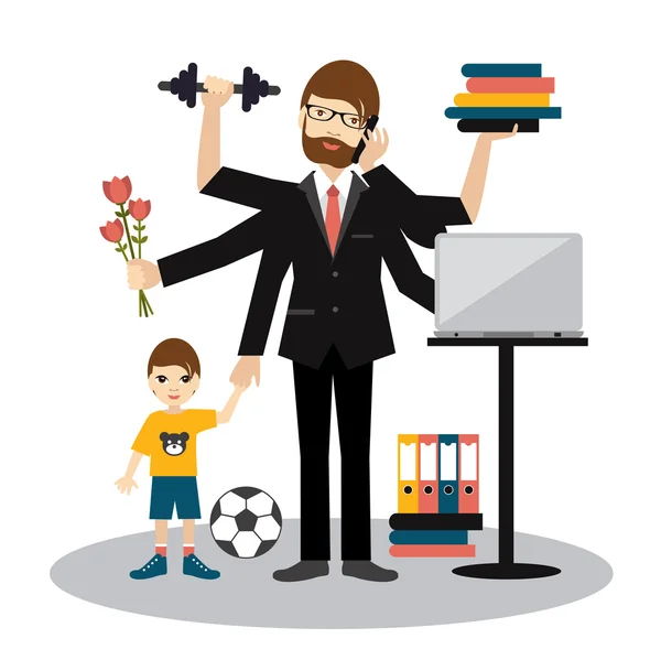 Busy multitasking man, father, dad, daddy, romantic husband, businessman, worker. — Stock Vector