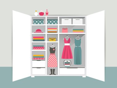 Açık gardırop. Beyaz dolap düzenli giyim, gömlek, kazak, kutuları ve ayakkabı ile. Ev iç. Düz tasarlamak vektör.