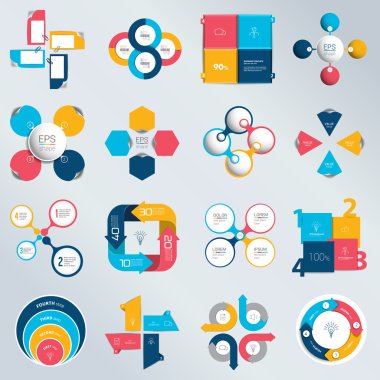 Mega iş kavramı 4 seçenekleri, adımları, süreçler ile set. Infographic, diyagram, grafik, düzeni, sunum ve yuvarlak grafik.