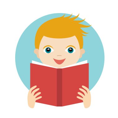 Kitap okuyan sevimli bir çocuk. Düz vektör.