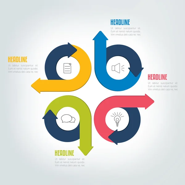 Esquema infográfico de flecha de círculo de cuatro pasos, plantilla, gráfico, diagrama, módulo . — Archivo Imágenes Vectoriales