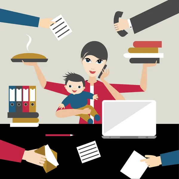 Working mother with child in business offiice. Multitasking person. Flat vector. — Stock vektor