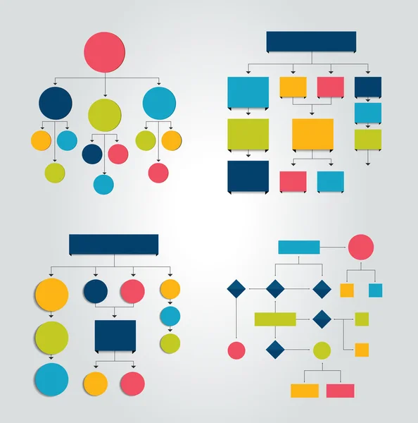 Fluxogramas. Conjunto de 6 esquemas de fluxogramas, diagramas. Simplesmente cor editável. Elementos infográficos . — Vetor de Stock