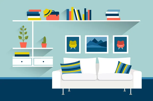 Living room with photo pictures and book shelves. Flat design vector illustration. — Stock Vector