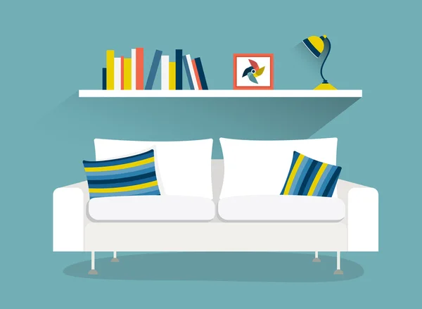 Living room with photo pictures and book shelves. Flat design vector illustration. — Stock Vector