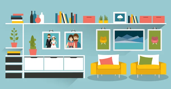 Sala de estar con fotos y estantes de libros. Diseño plano vector ilustración . — Vector de stock