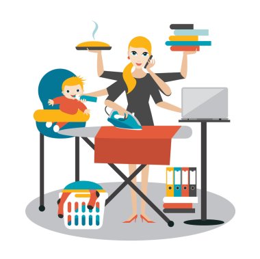 Multitask woman. Mother, businesswoman with baby, ironing, working, coocking and calling. clipart