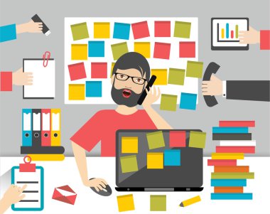 Çoklu görev iş adamı çalışkan. Worksplace düz vektör çizim.