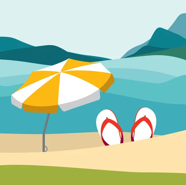 Summer beach with color flip flops and red umbrella. Flat summer design illustration. — Stock Vector