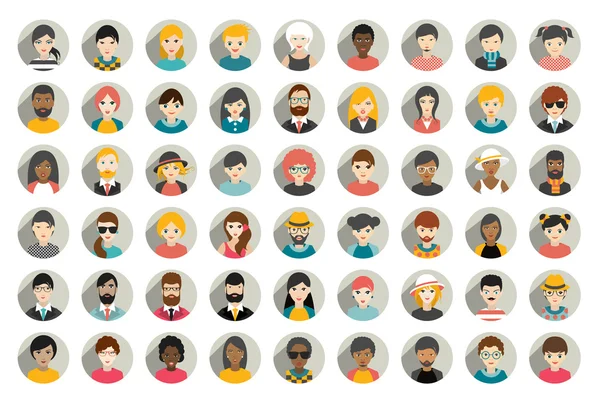 Mega soubor kruhových osob, avatarů, lidé řídí různé národnosti v plochém stylu. Vektor. — Stockový vektor
