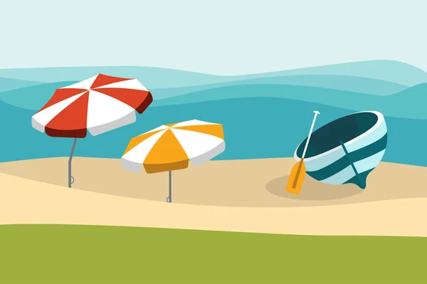 Summer beach with color umbrellas. Flat design. — Stock Vector