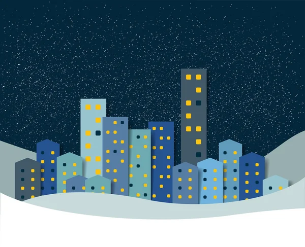 Miasto, miasto noc zima śnieg panorama. Boże Narodzenie tło. — Wektor stockowy